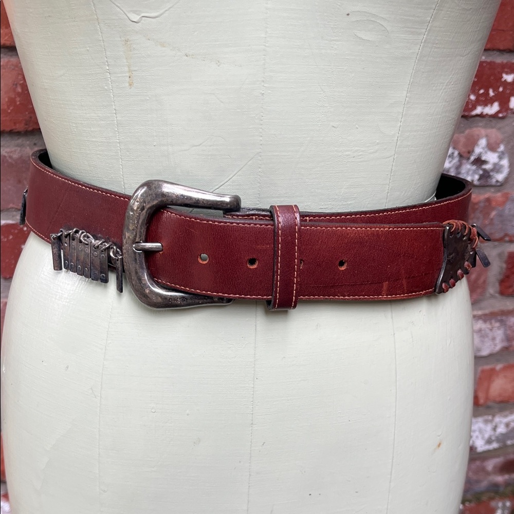 Nava Belt NYC Brown Leather Belt with Silver Fringe Accents size M